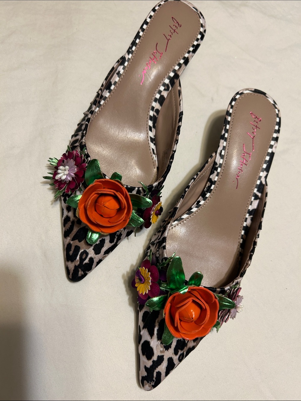 Betsey Johnson Leopard Print Pointed Mules with Orange & Green Floral Appliques